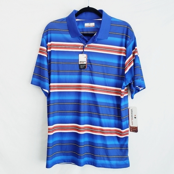 Last Chance NWT Men's Grand Slam Golf Polo Shirt Blue & Red Stripes Short Sleeve - Picture 1 of 8